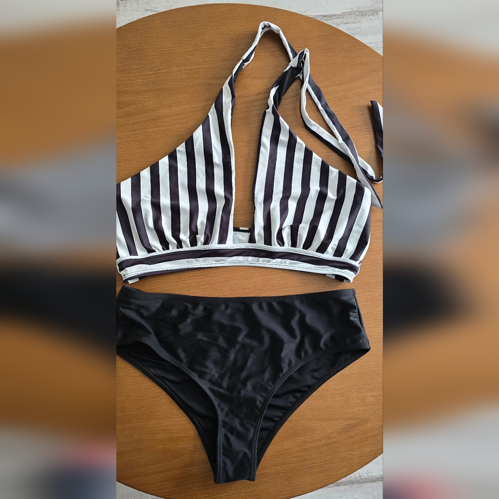 Striped Black and White Bikini Set